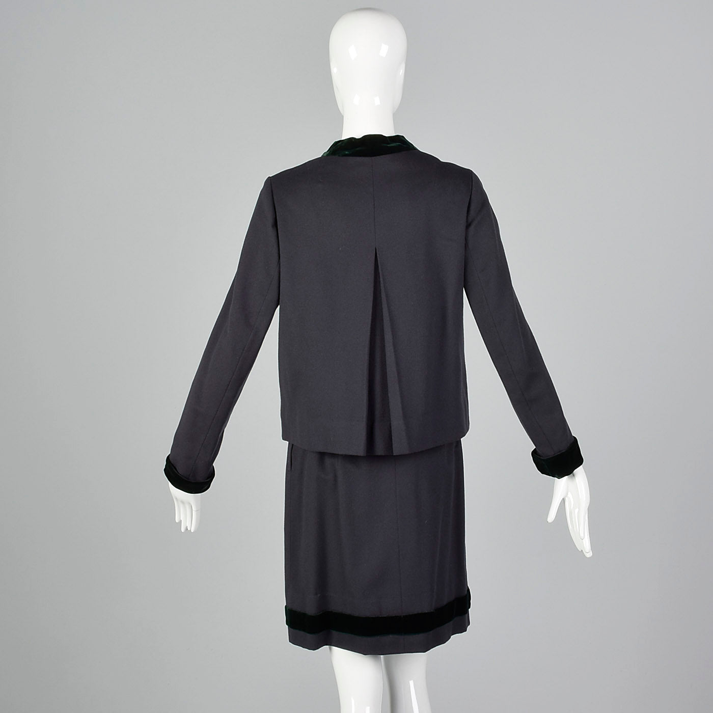 1960s Gray Wool Skirt Suit with Green Velvet Trim