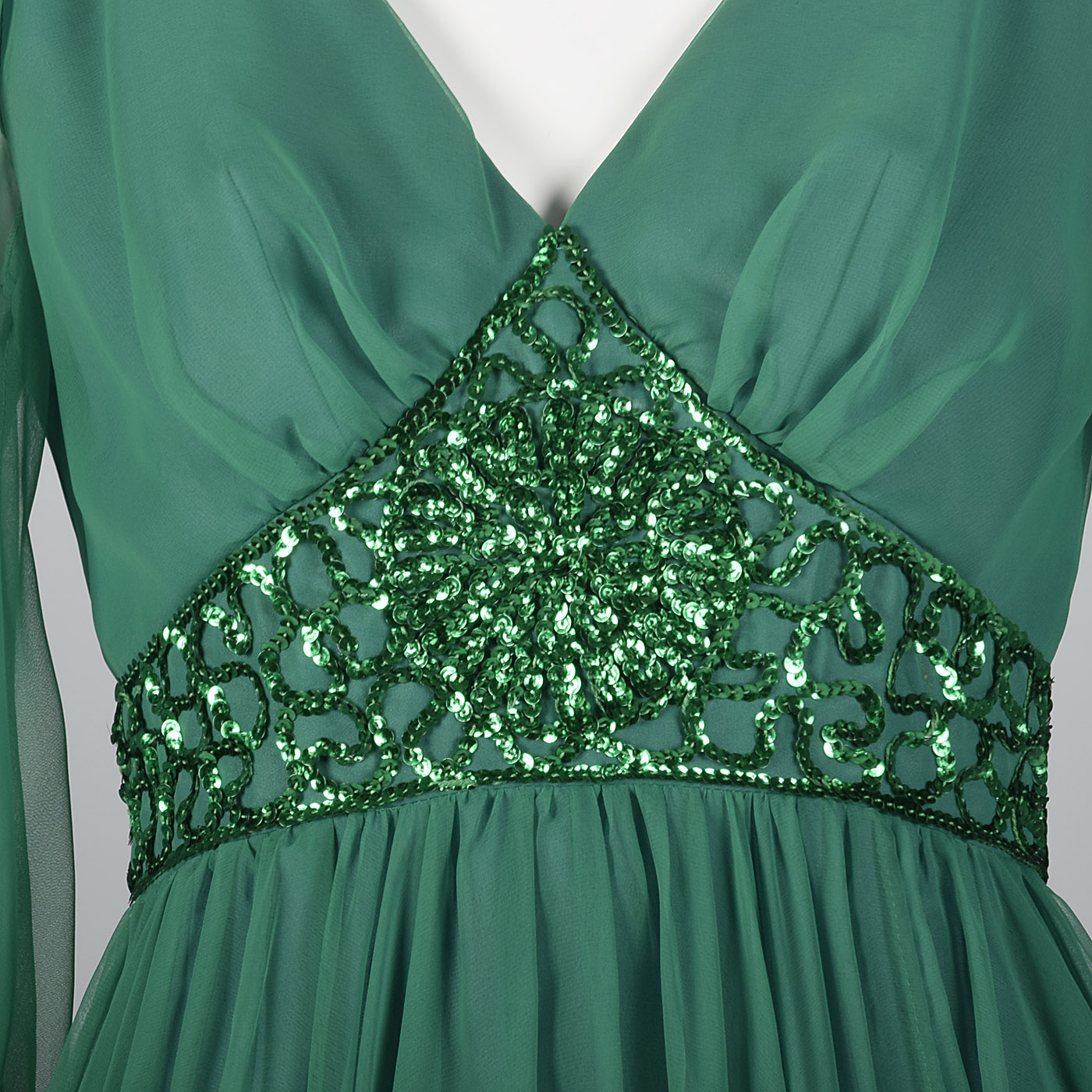 1970s Emerald Green Gown with Bishop Sleeves