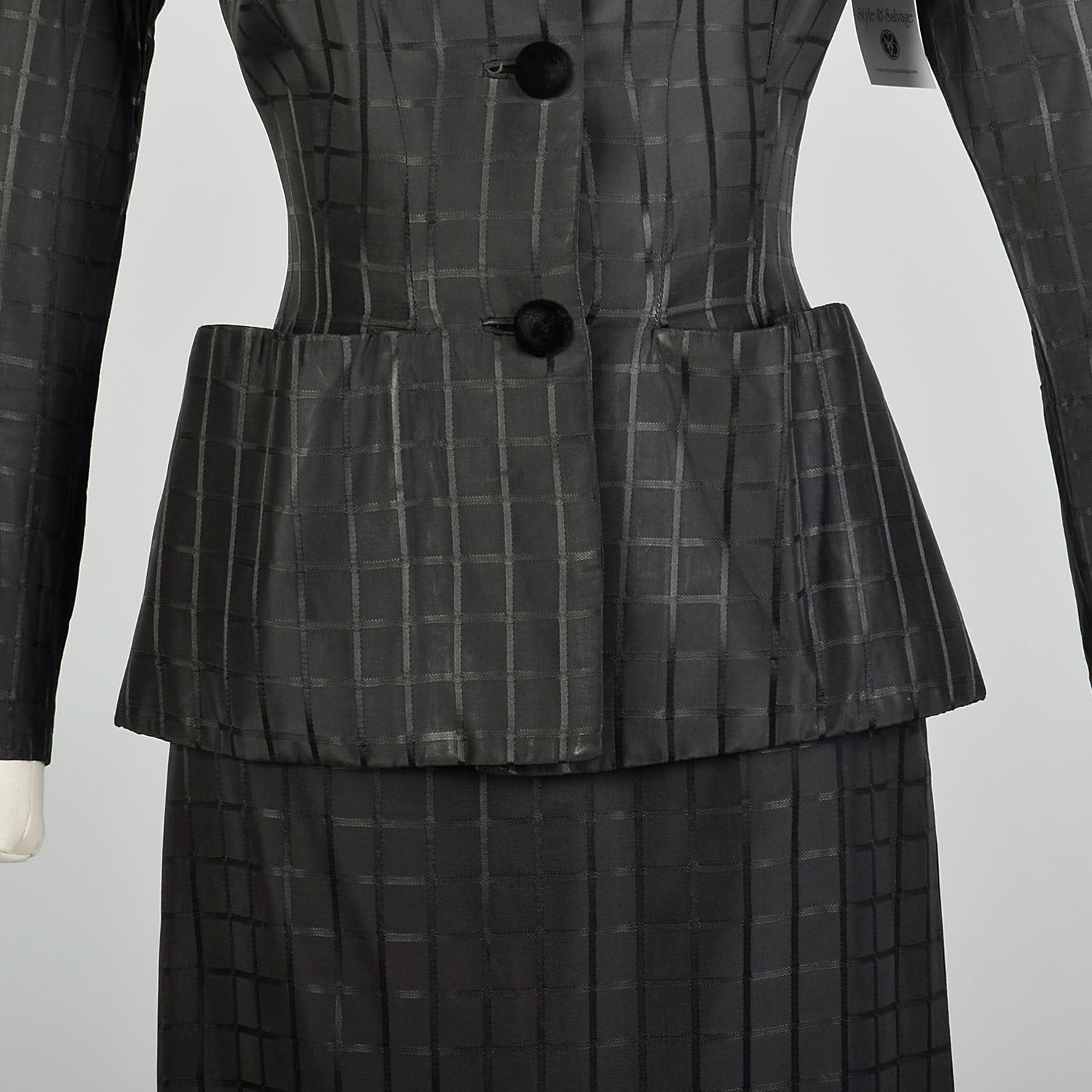 Small 1950s Femme Fatale Suit Bombshell Jacket Skirt Set Black Window Pane Taffeta Hourglass Suit