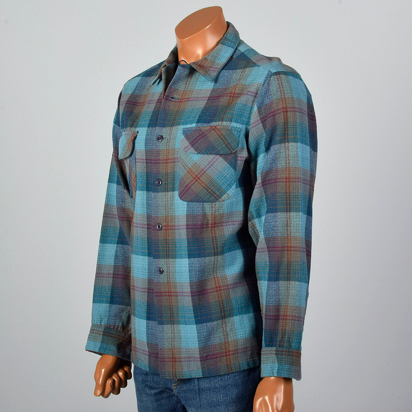 1960s Mens Pendleton Board Shirt in Blue Plaid