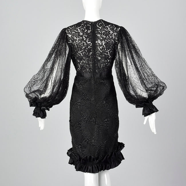 Galanos Sheer Lace Little Black Dress with Dramatic Bishop Sleeves