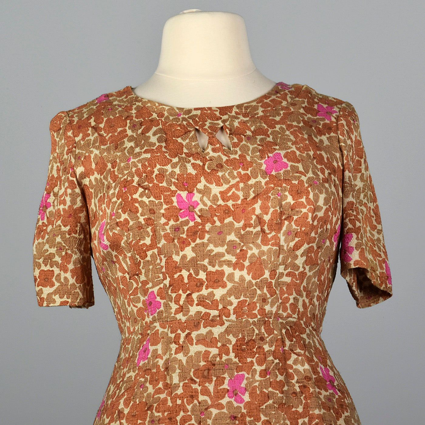 1950s Brown Floral Dress with Cut Out Neck