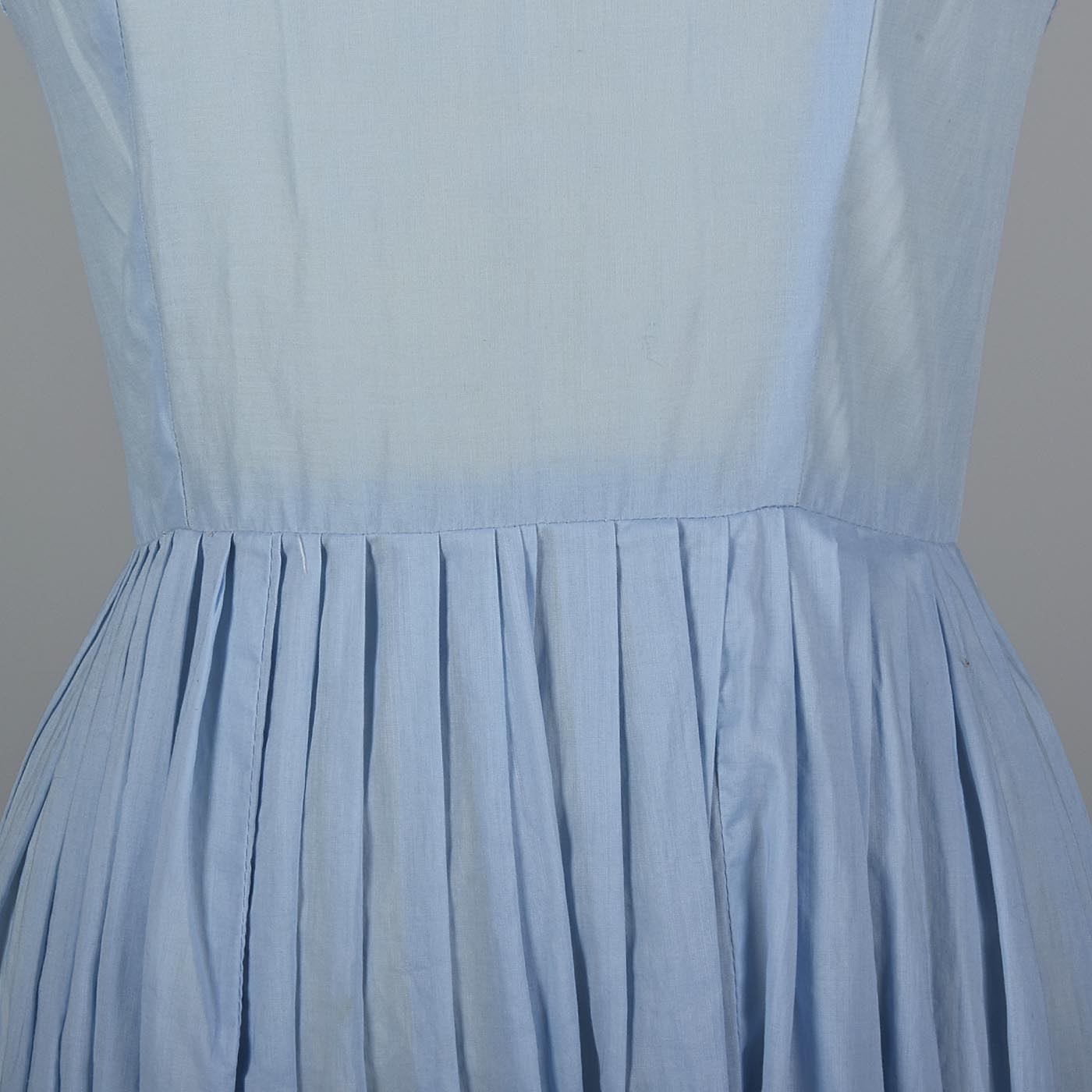 1950s Blue Cotton Day Dress with Embroidered Bodice