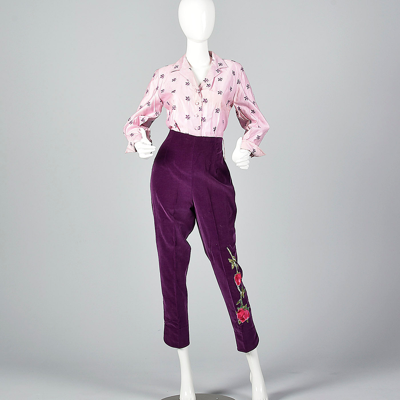 1960s Embroidered Blouse with Velvet Cigarette Pants