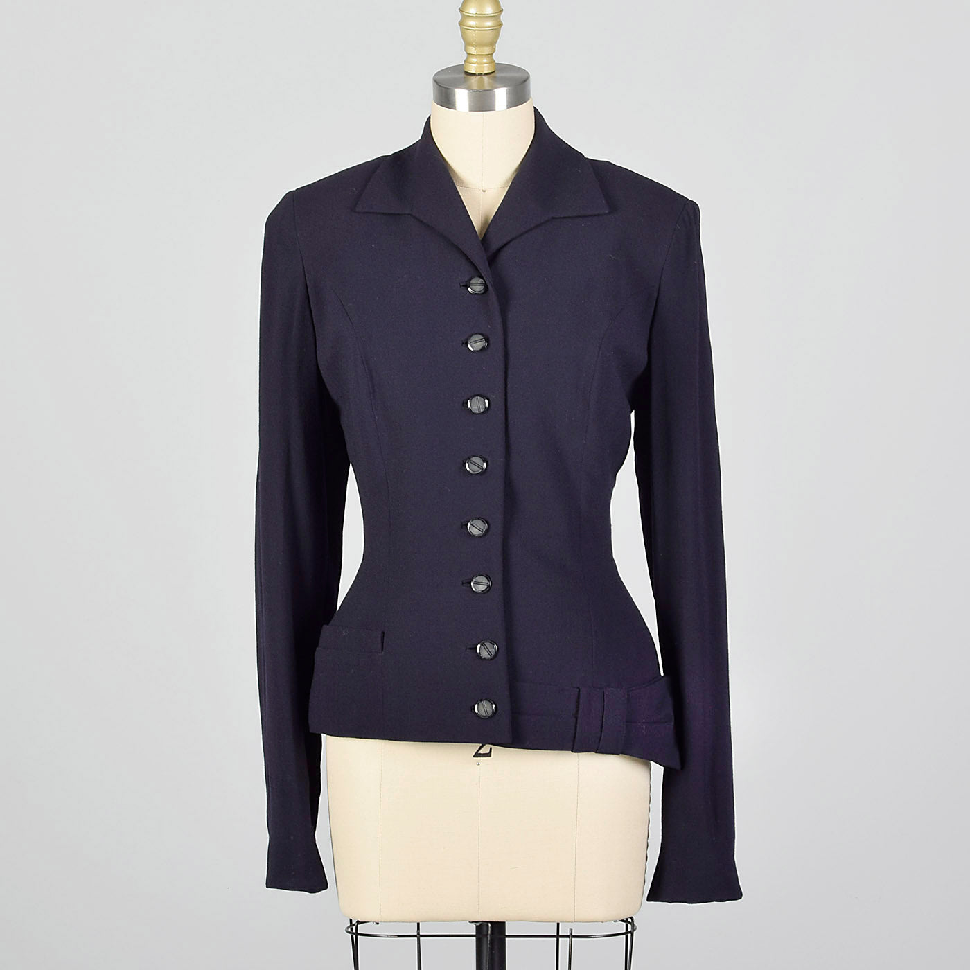 1950s Navy Blue Wool Jacket with Asymmetric Bow at Hem