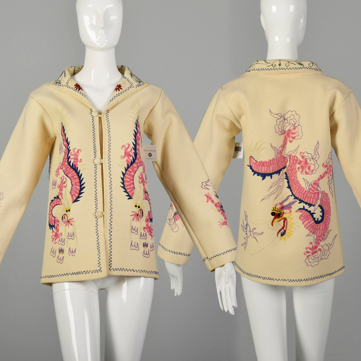 XS 1940s Souvenir Jacket Novelty Asian Dragon Chain Stitch Embroidery Cream Wool