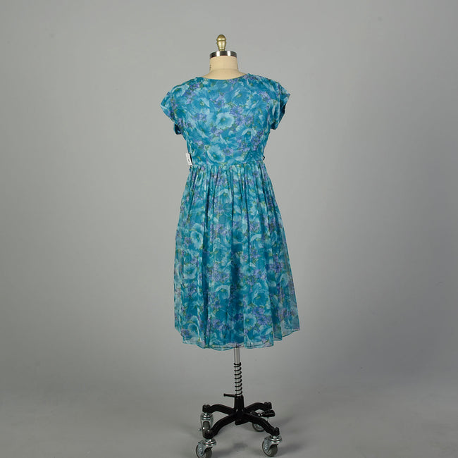 XL 1950s Dress Blue Short Sleeve Floral Volup Cocktail Party