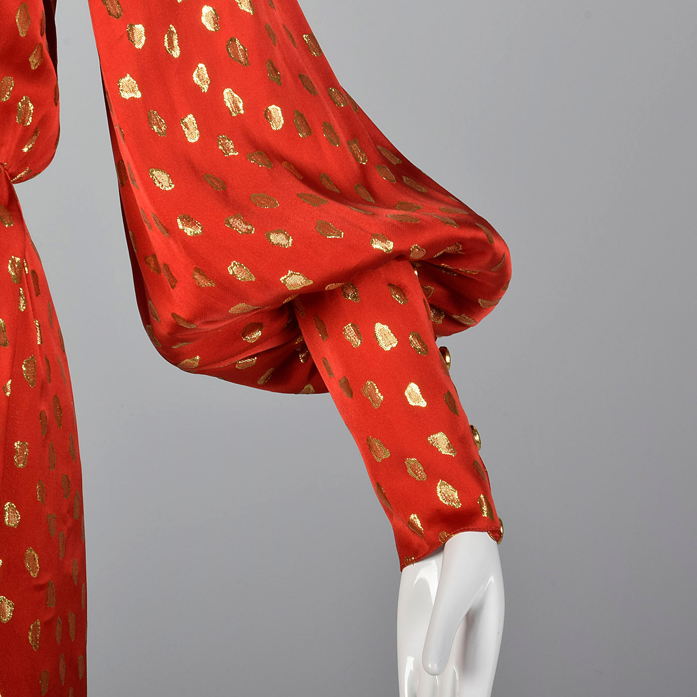 1980s Guy Laroche Red Silk Pencil Dress with Metallic Gold Design
