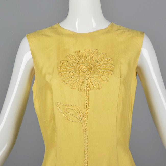 1960s Yellow Silk Shift Dress with Flower Applique