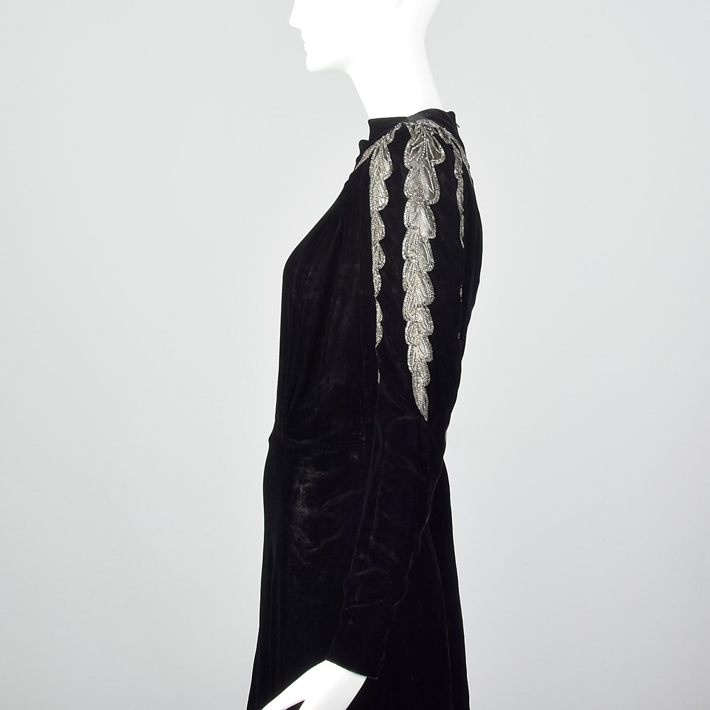 1940s Black Velvet Dress with Sheer Sleeve Design