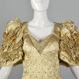 Medium 1980s Metallic Gold Lamé Evening Top with Ruffle Short Sleeves