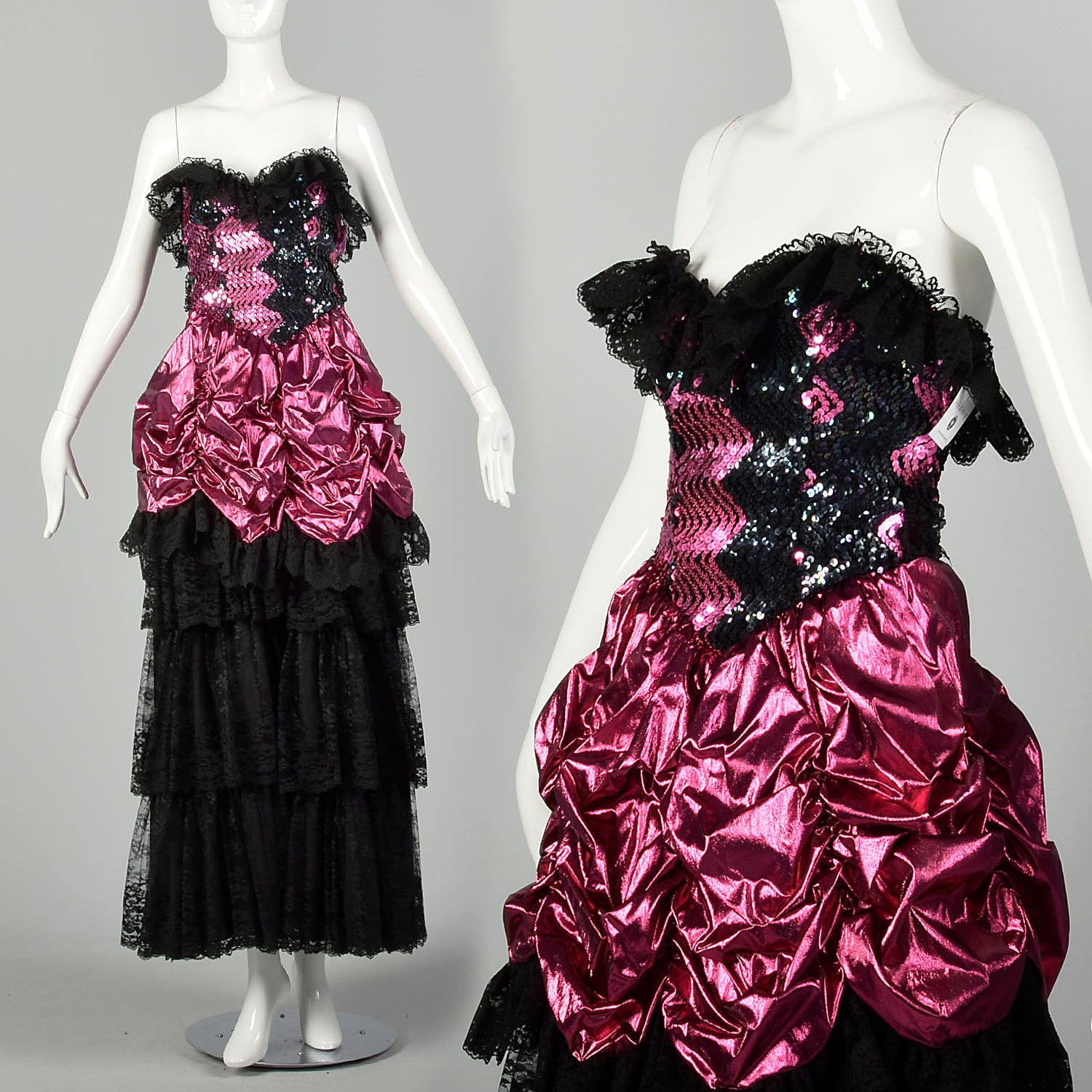 1980s Pink Prom Dress Saloon Girl Strapless Lame Gown Black Lace Sequi Style & Salvage 1980s Pink Prom Dress Saloon Girl Strapless Lame Gown Black Lace Sequi Style & Salvage