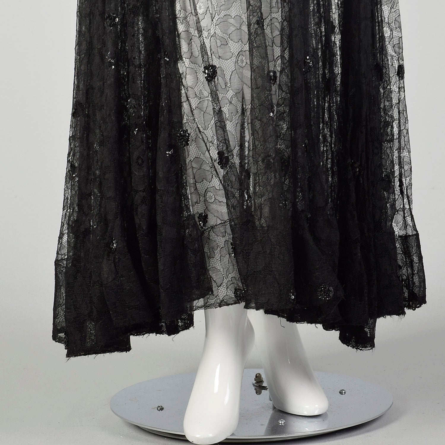 Small 1930s Black Lace Peplum Dress Sheer Sleeveless Gown