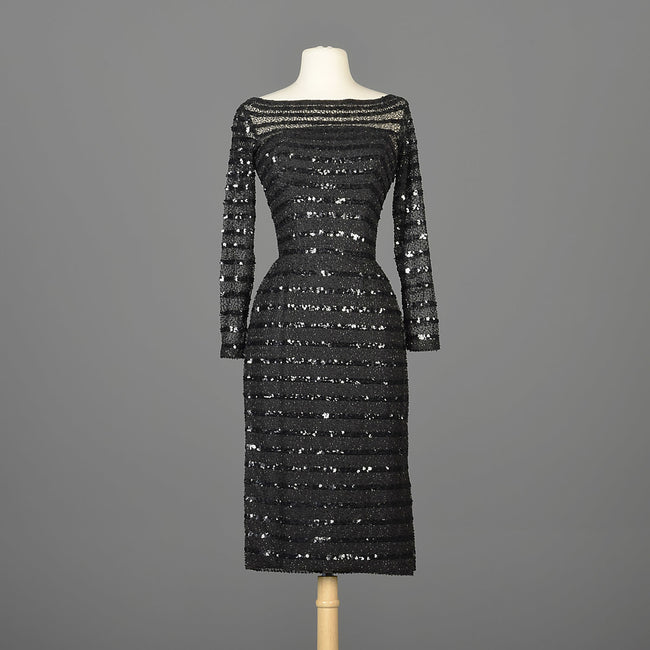 1960s Ceil Chapman Sheer Black Wiggle Dress with Sequin Stripes