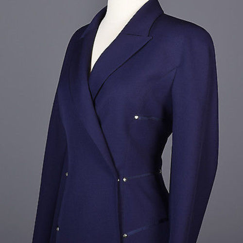 1980s Claude Montana Femme Fatale Hourglass Skirt Suit in Navy Blue