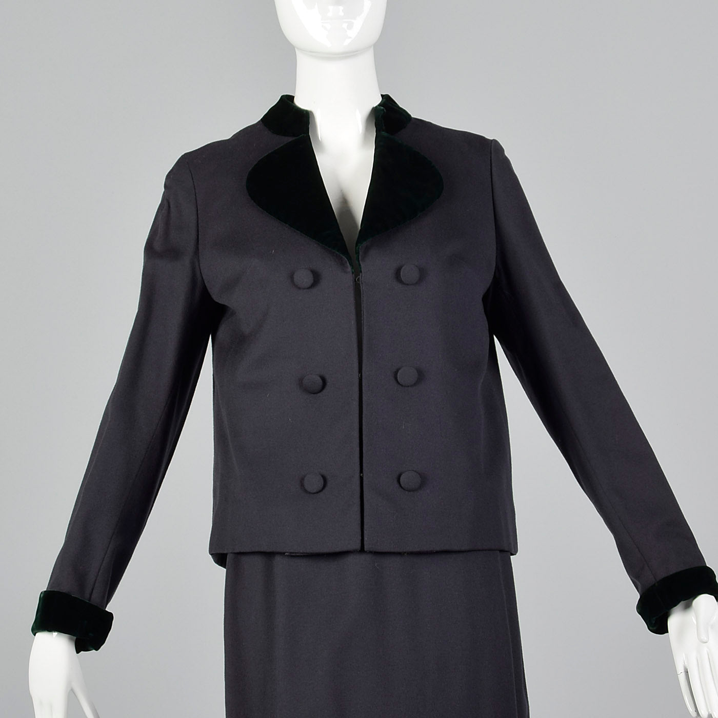 1960s Gray Wool Skirt Suit with Green Velvet Trim