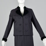 1960s Gray Wool Skirt Suit with Green Velvet Trim