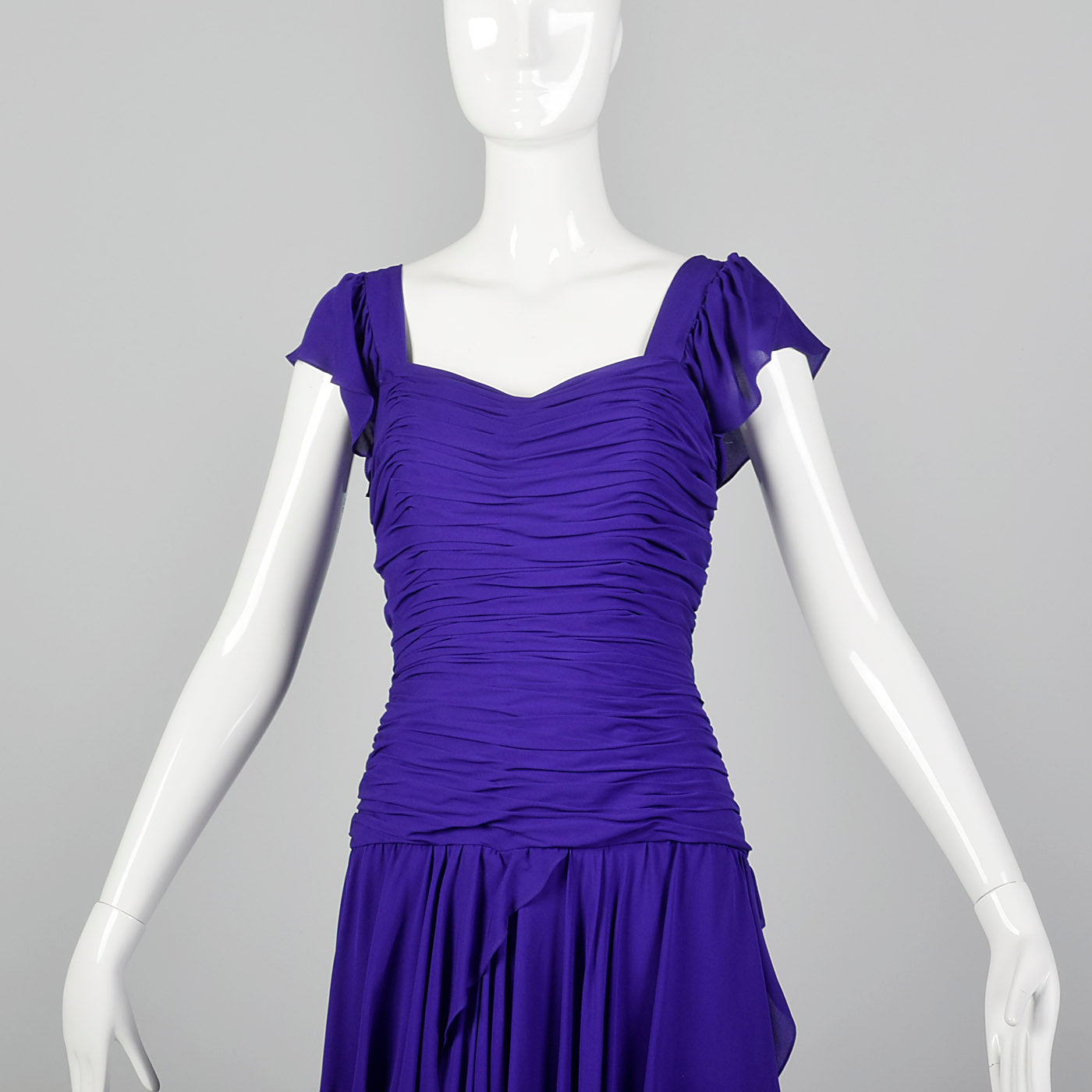 1980s Purple Gown with Ruched Bodice and Flutter Cap Sleeves