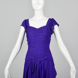 1980s Purple Gown with Ruched Bodice and Flutter Cap Sleeves