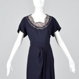 1950s Blue Rayon Dress with Lace Illusion Neckline