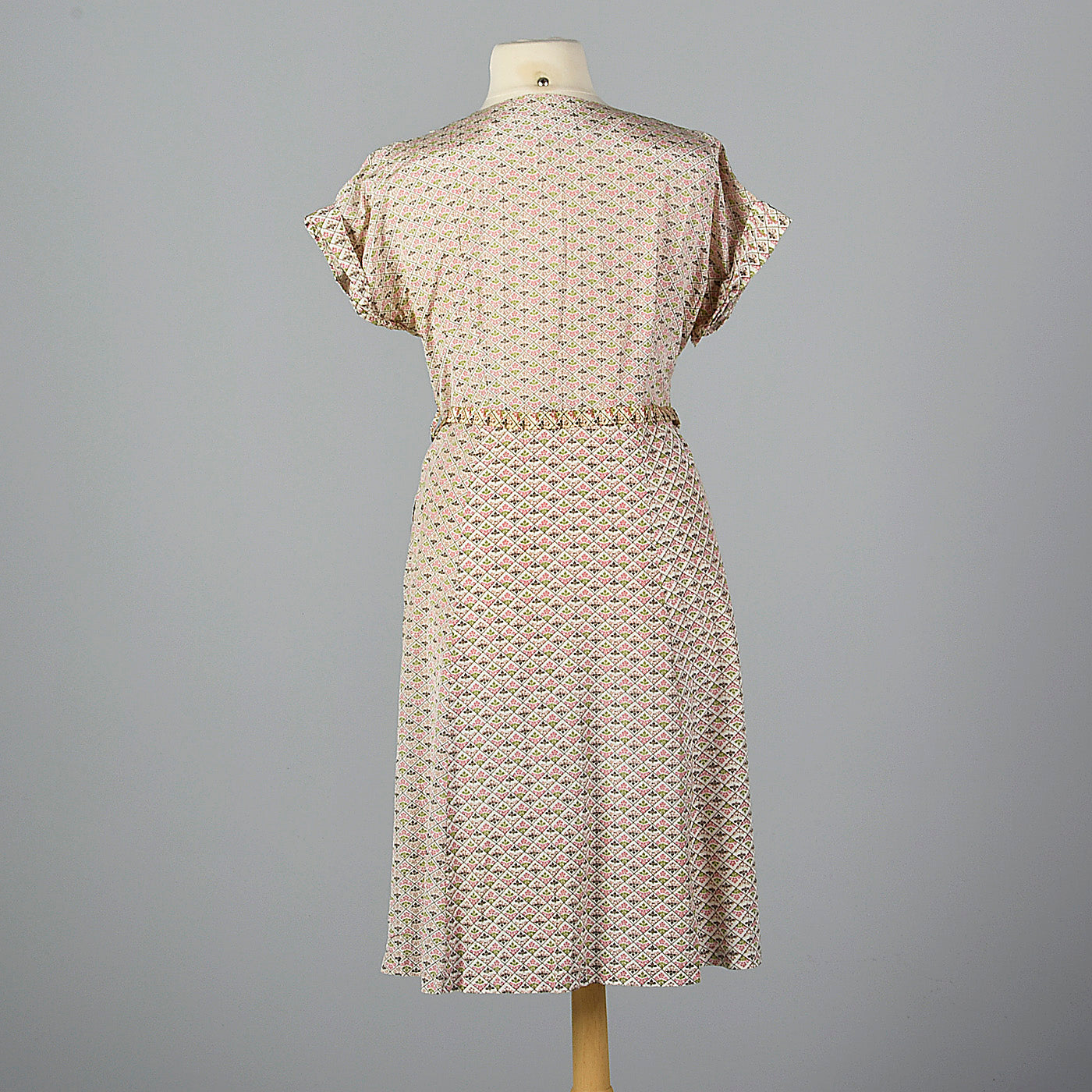 1950s Pink and Green Rayon Print Dress