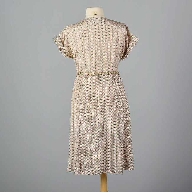 1950s Pink and Green Rayon Print Dress