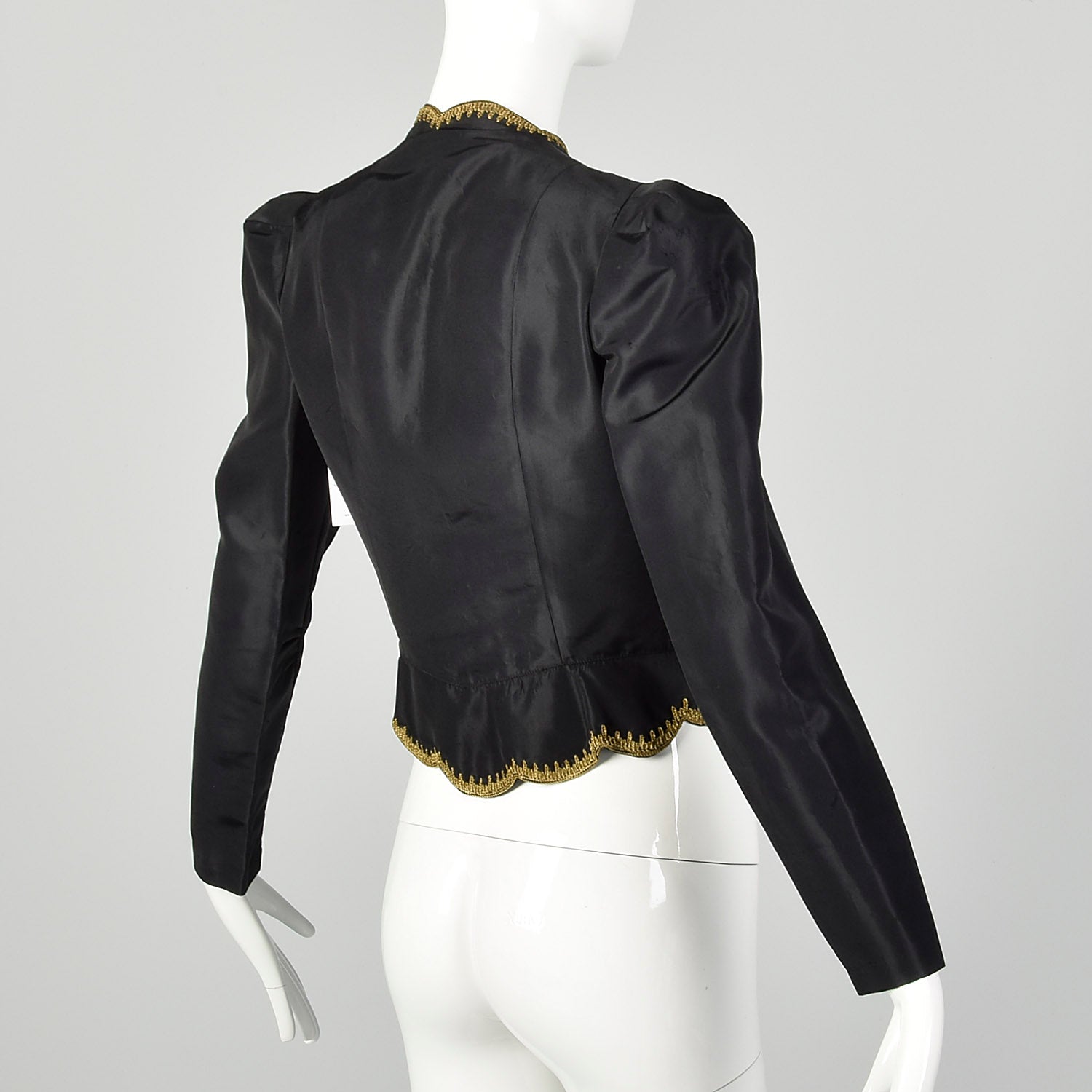 XS 1940s Jacket Black Taffeta Tie Waist Scallop Edge Gold Trim Embroidery Evening Jacket