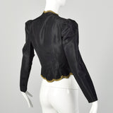 XS 1940s Jacket Black Taffeta Tie Waist Scallop Edge Gold Trim Embroidery Evening Jacket