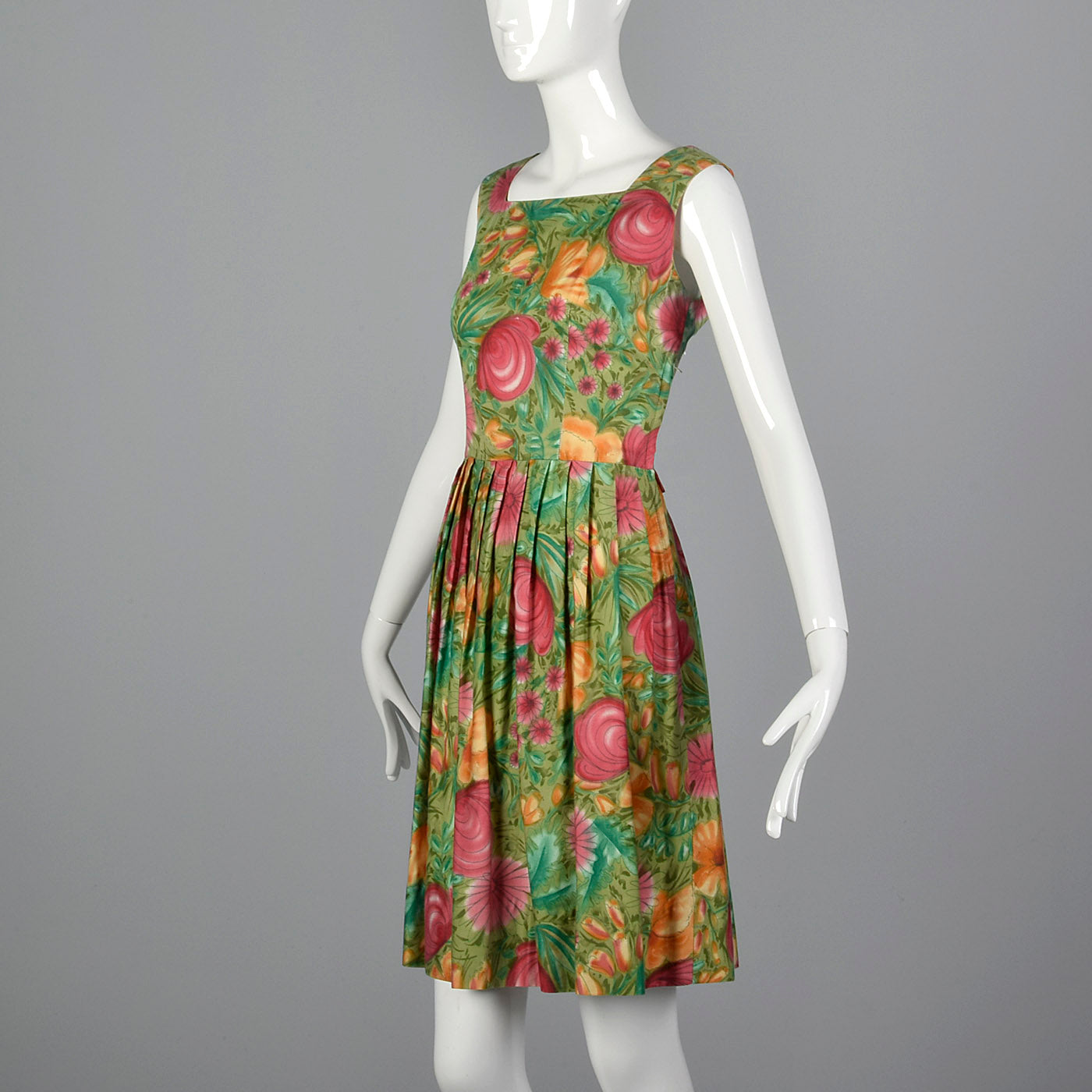 1950s Green Floral Day Dress