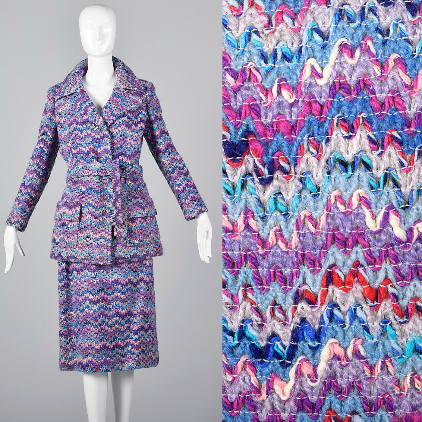 1970s Via Veneto Couture Boutique Purple Tweed Skirt Suit