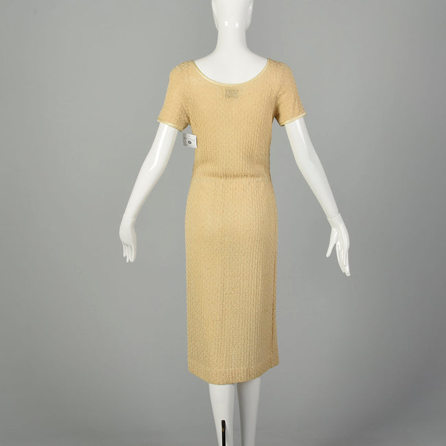 1970s Boho Tan Knit Dress Casual Summer Short Sleeve Modest