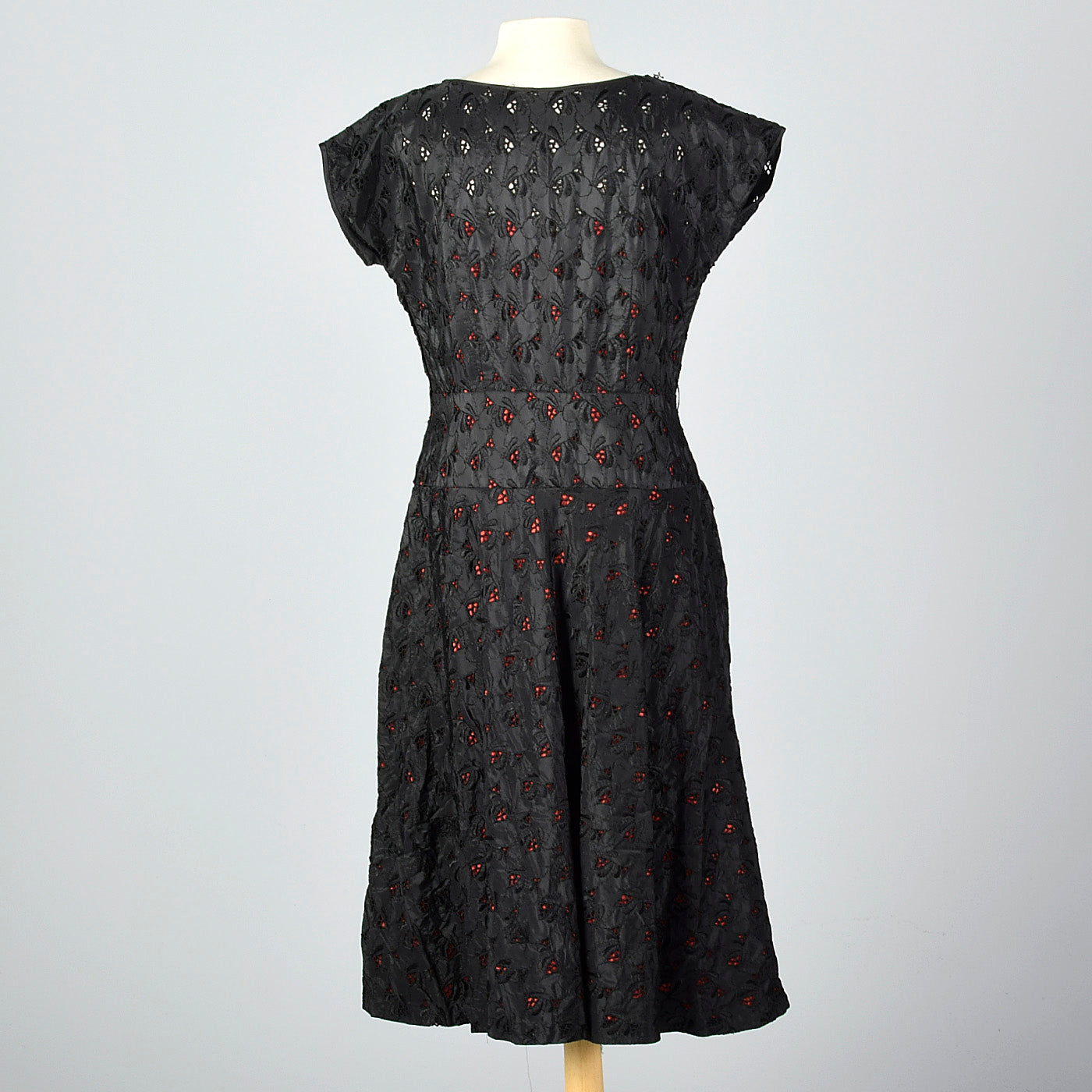 1950s Black Eyelet Dress with Red Lining