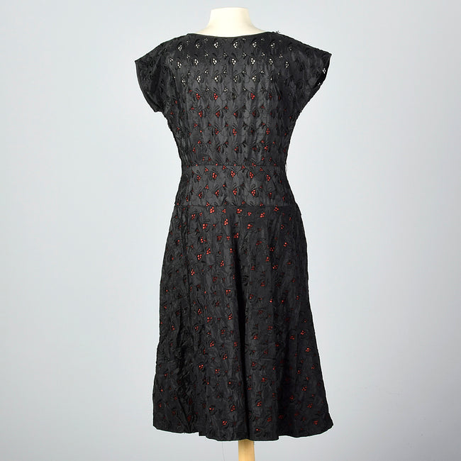 1950s Black Eyelet Dress with Red Lining