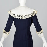 1950s Navy Blue Dress with Large Collar and Cuffs