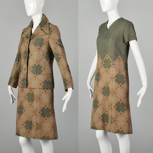 Large 1970s Green Geometric Italian Couture Dress Jacket Set