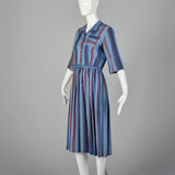 Large 1950s Blue Striped Cotton Day Dress