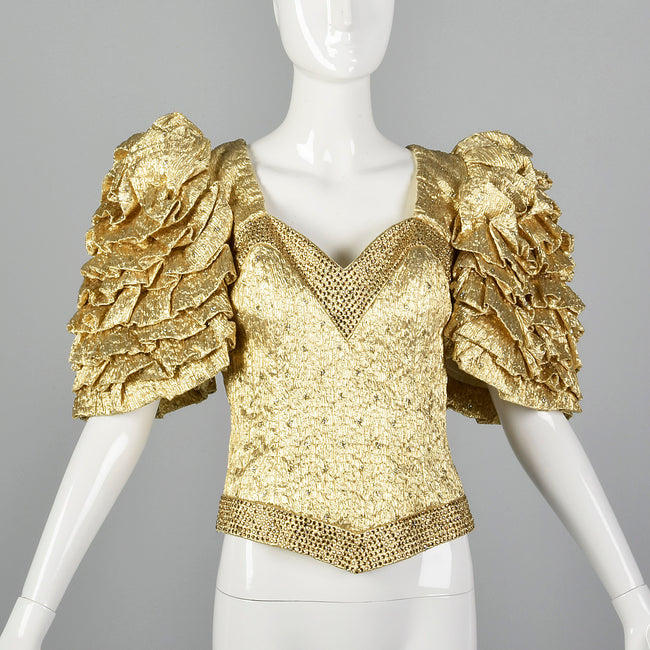 Medium 1980s Metallic Gold Lamé Evening Top with Ruffle Short Sleeves