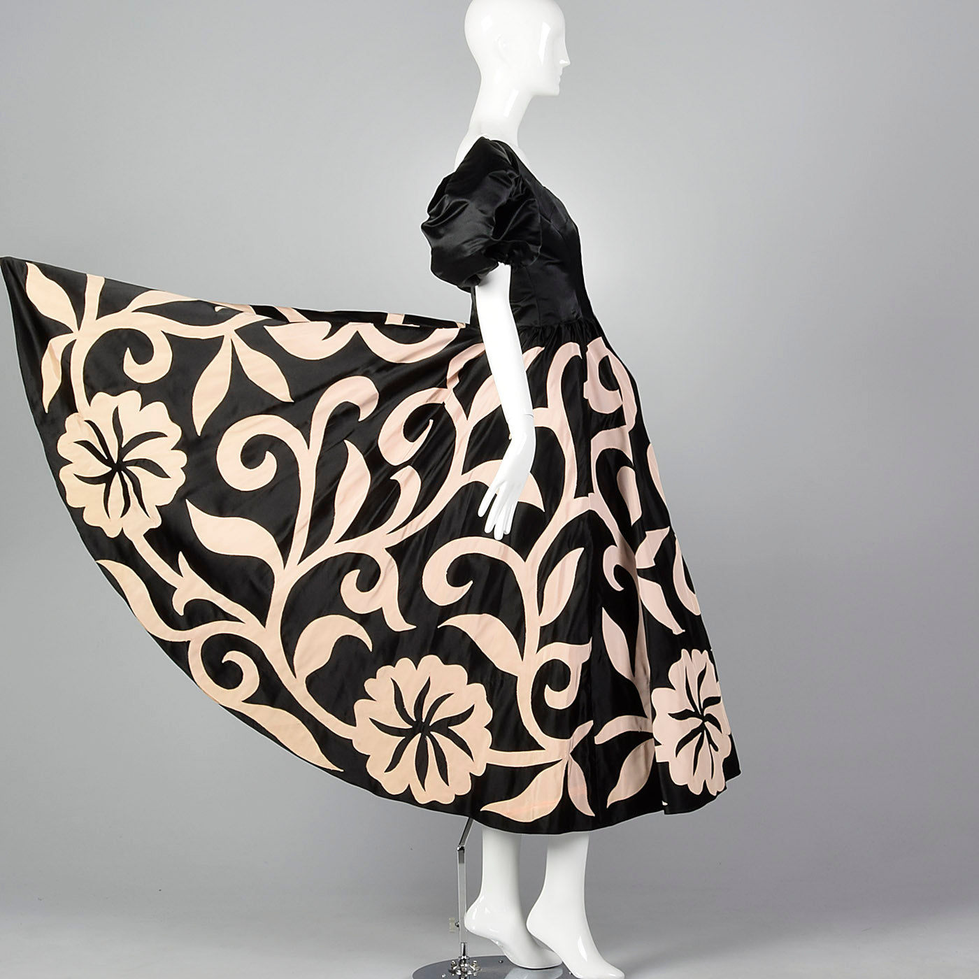 1980s Black Party Dress with Applique Full Circle Skirt