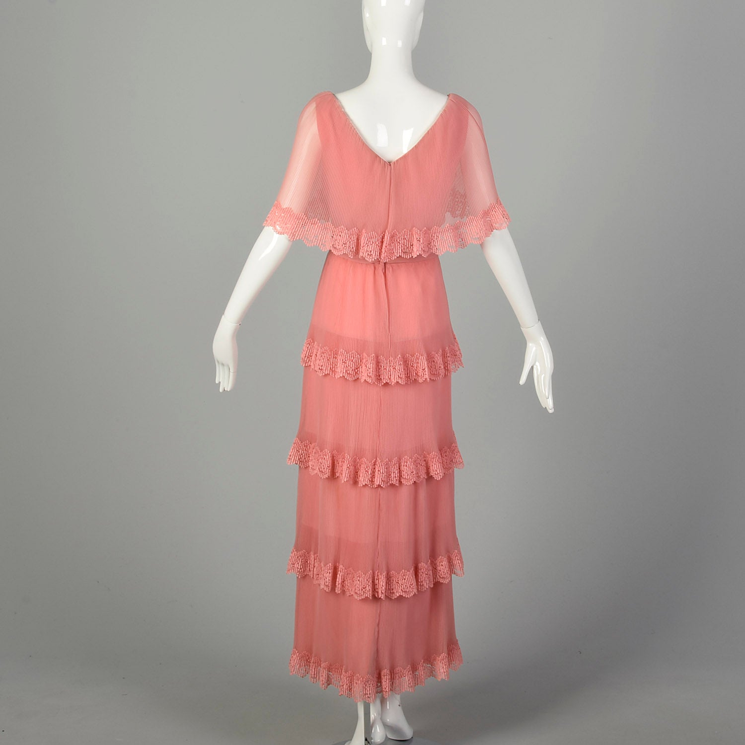 Medium 1970s Miss Elliette Dress Pleated Tiered Maxi Gown Pink Lace Capelet
