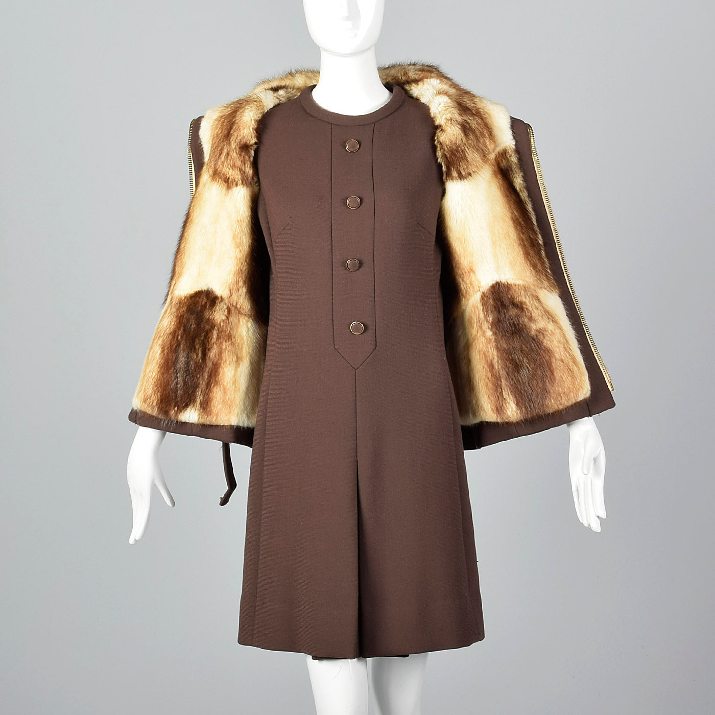 1960s Brown Wool Dress with Muskrat Fur Lined Jacket