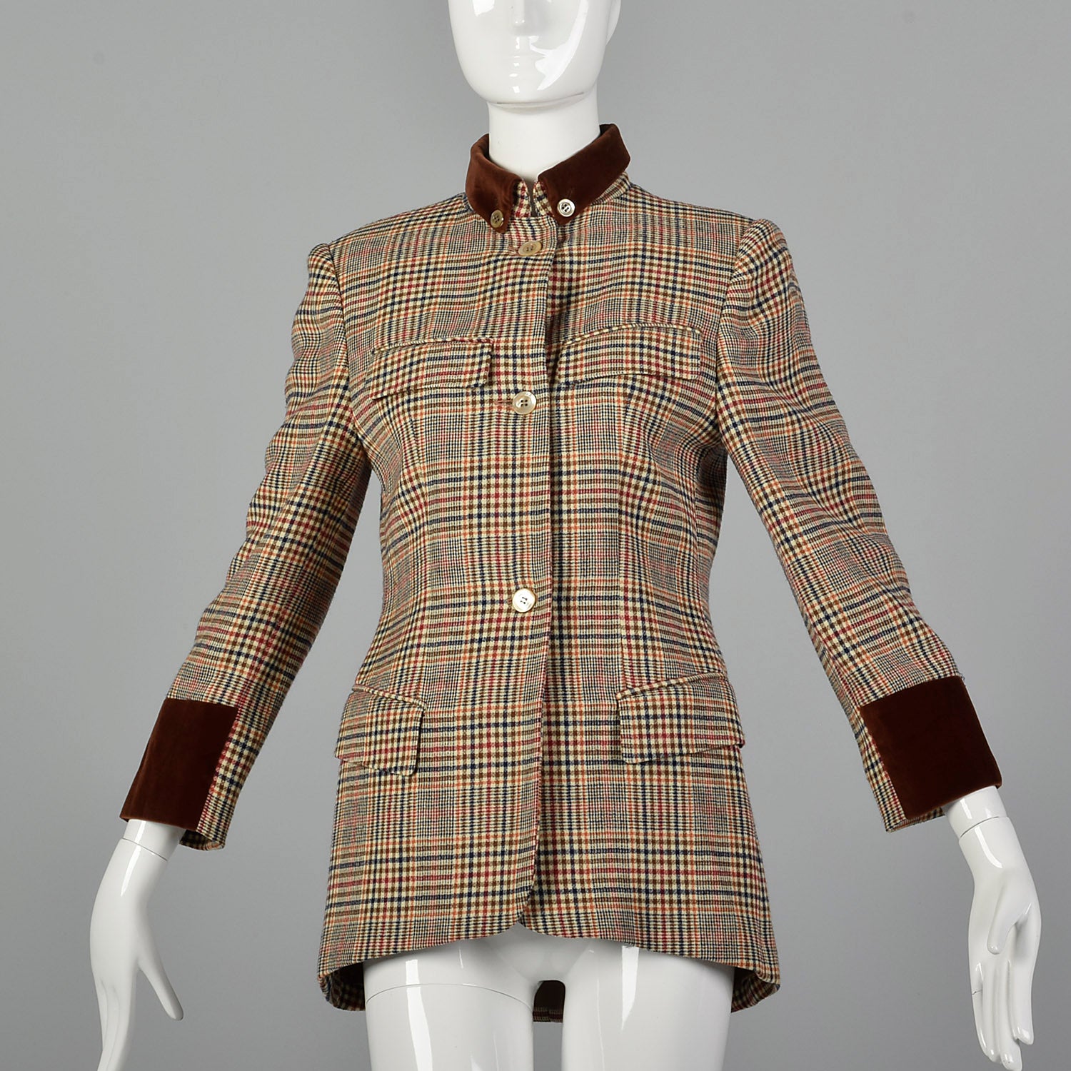 Small Umberto Ginocchietti 1970s Plaid Jacket with Velvet Trim