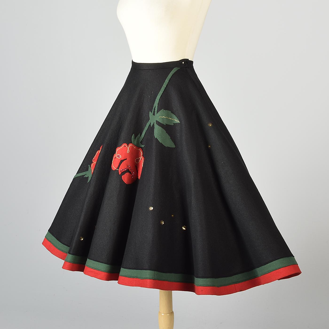 1950s Black Circle Skirt with Felt Flowers