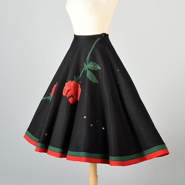 1950s Black Circle Skirt with Felt Flowers