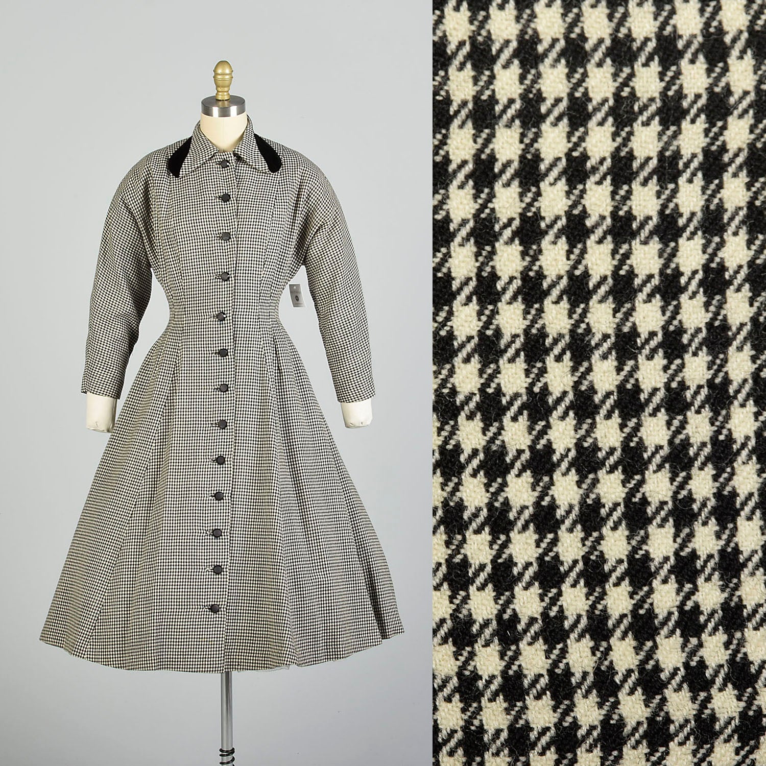 Small 1950s Wool Black White Fit & Flare Houndstooth Winter Coat Dress Style & Salvage Small 1950s Wool Black White Fit & Flare Houndstooth Winter Coat Dress Style & Salvage