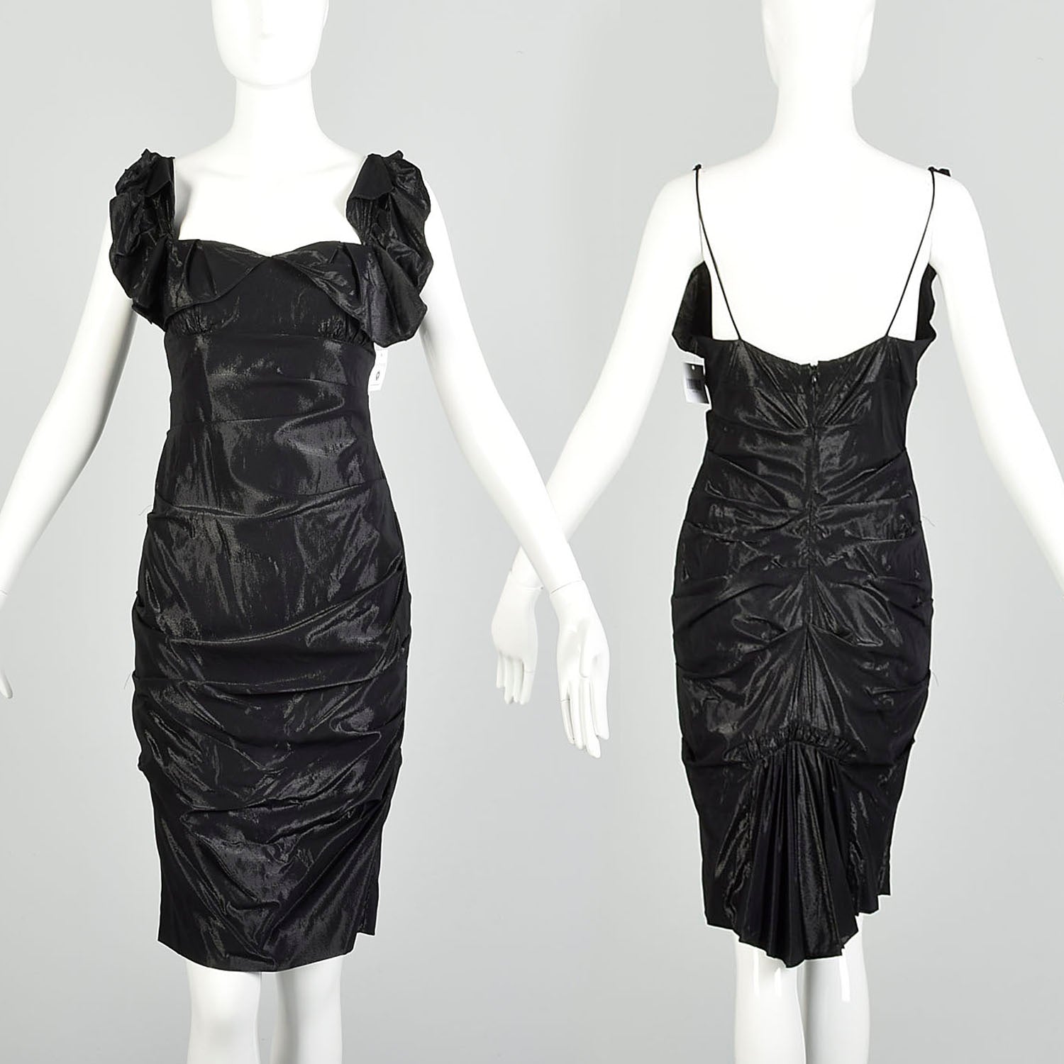 Small 2000s Nicole Miller Collection Shiny Black Lamé Cocktail Party Ruffle Evening LBD Dress