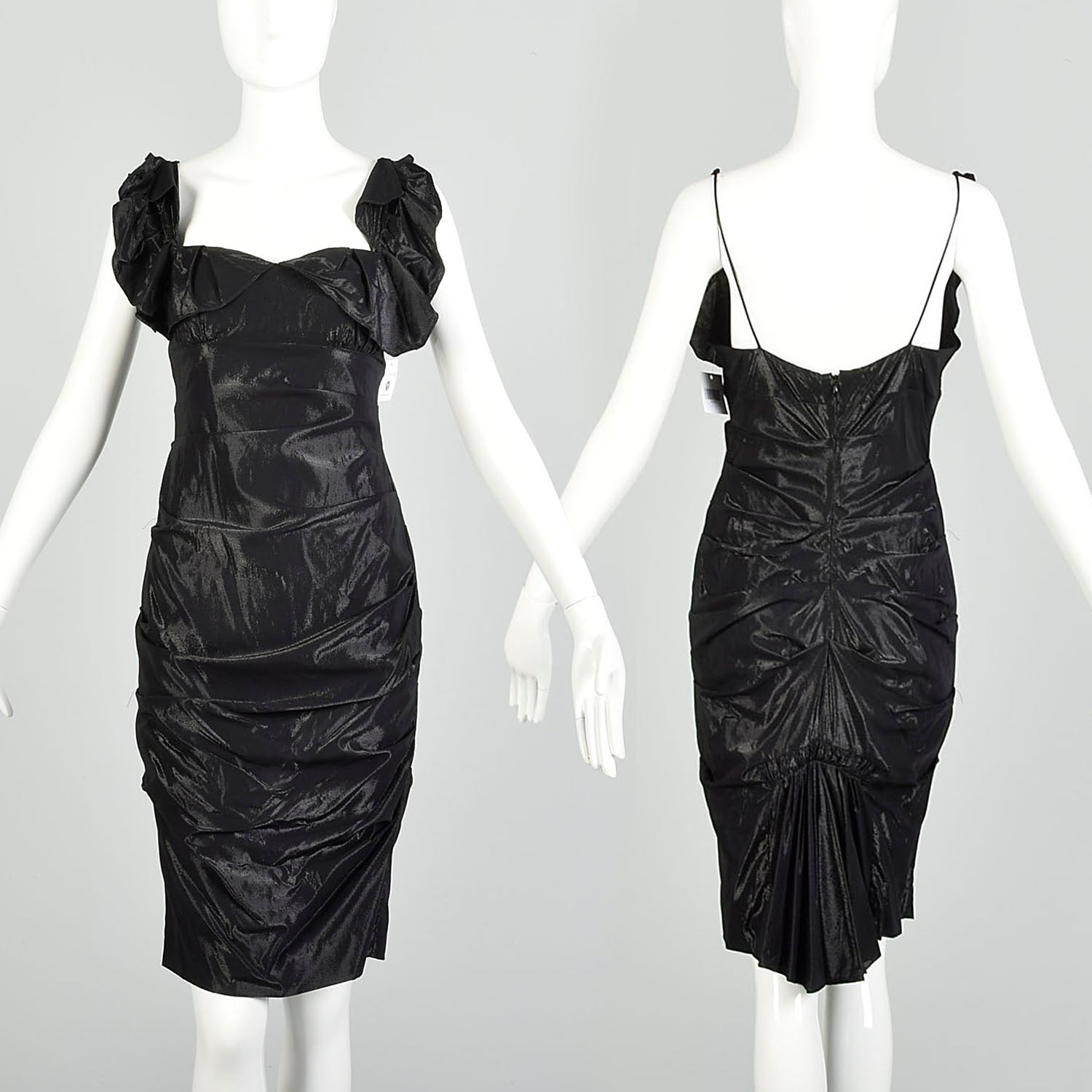 Small 2000s Nicole Miller Collection Shiny Black Lam Cocktail Party Ruffle Evening LBD Dress Small 2000s Nicole Miller Collection Shiny Black Lam Cocktail Party Ruffle Evening LBD Dress