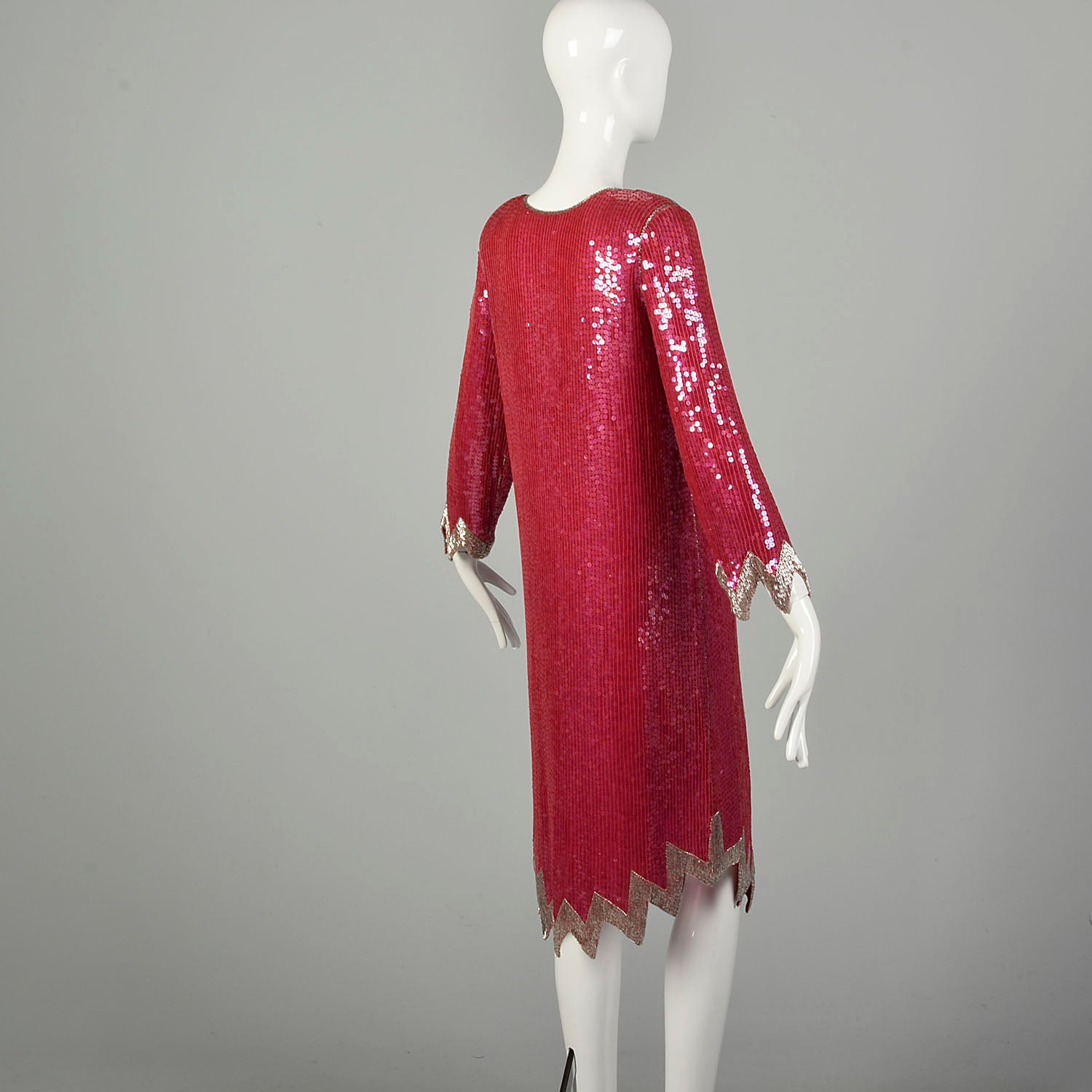 Small 1990s Silk Pink Silver Red Cocktail Dress Loose Fitting Sequin Beaded Evening Chemise