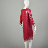 Small 1990s Silk Pink Silver Red Cocktail Dress Loose Fitting Sequin Beaded Evening Chemise