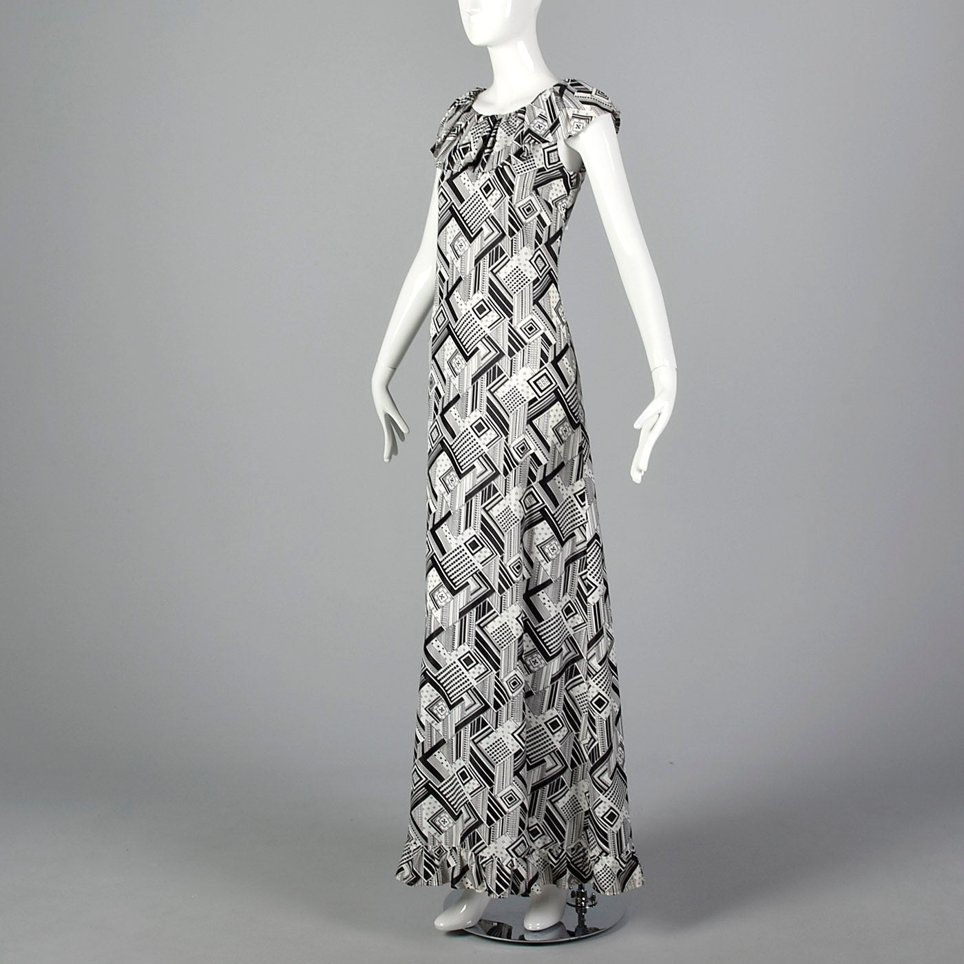 1970s Black and White Print Maxi Dress