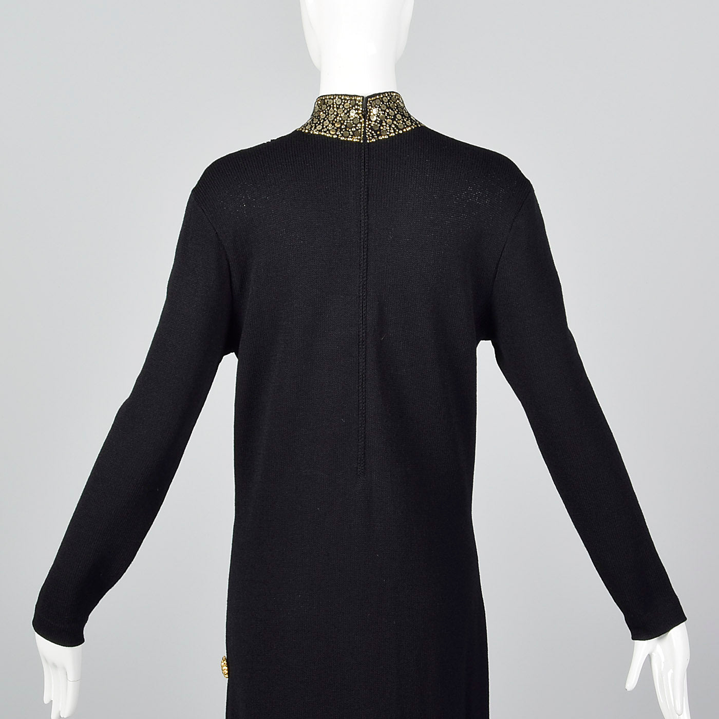 1980s St John Evening Long Black Knit Formal Dress with Gold Sequin De Style & Salvage 1980s St John Evening Long Black Knit Formal Dress with Gold Sequin De Style & Salvage